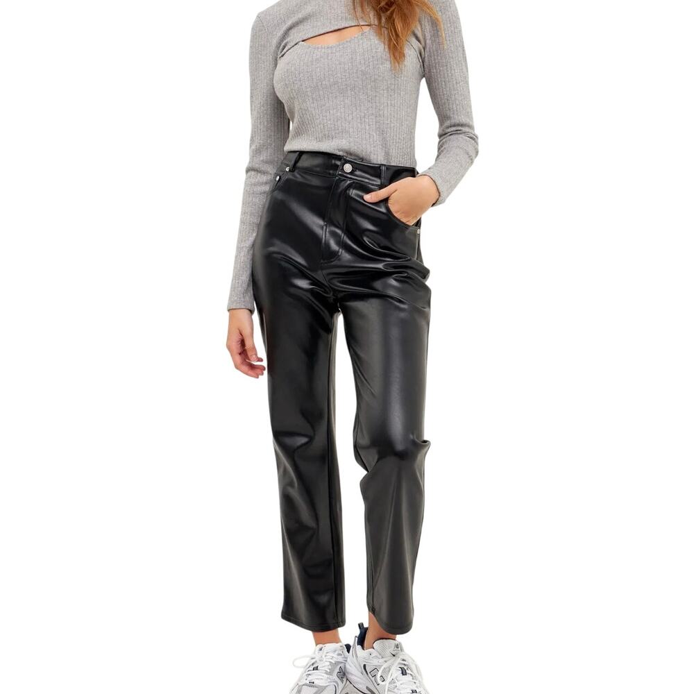 Grey Lab Womens NEW Black Faux Leather Straight Leg Pants M